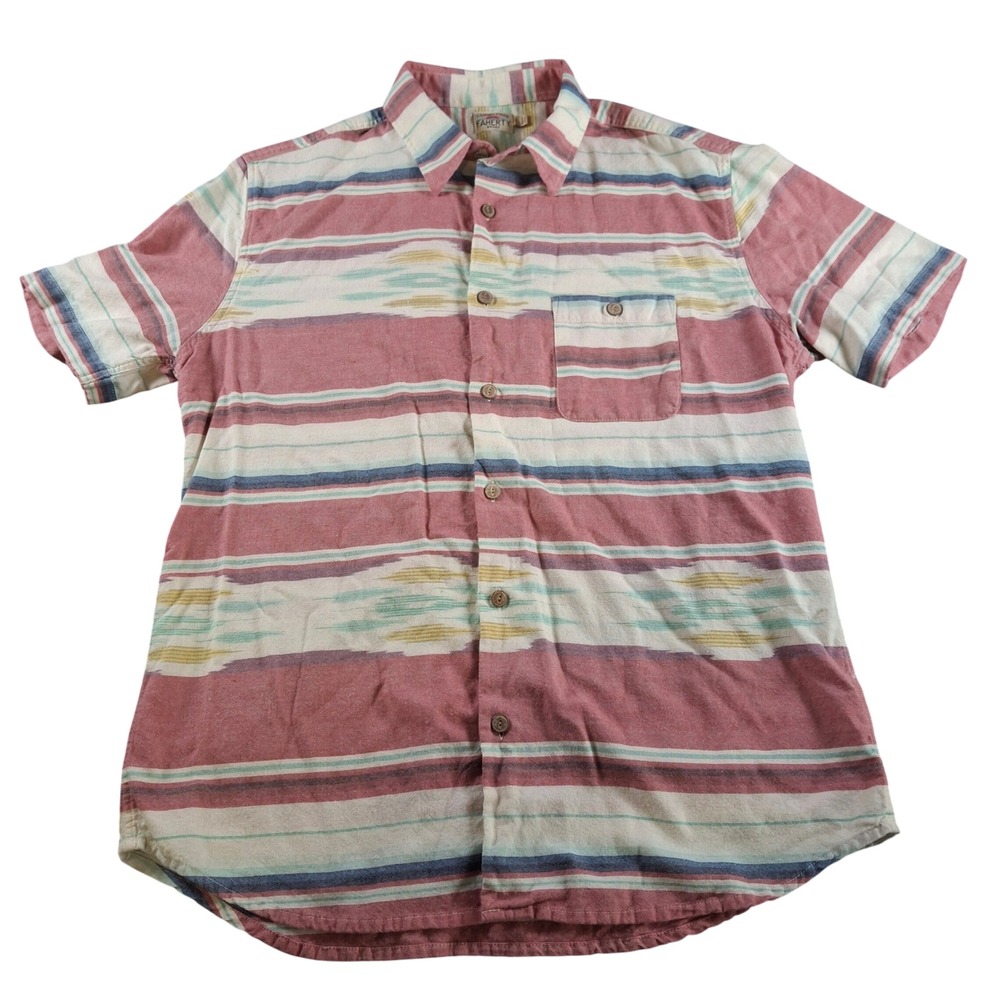 Faherty Brand Mens Large Short Sleeve Ikat Stripe Button Down Shirt Red Blue